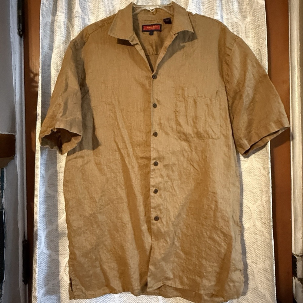 Austin‎ Reed London Shirt 100% Linen Mens XL Brown Short Sleeve Button Up